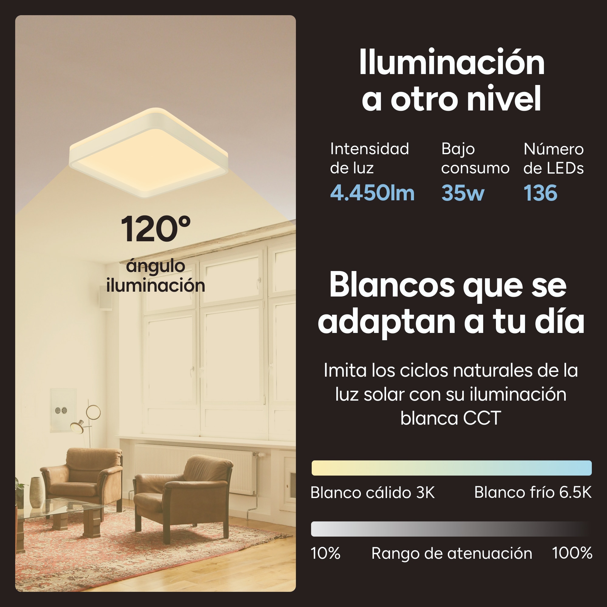 Plafón SmartLED KSIX Stellar Plus, RGBIC + CCT, 49x49x7,5cm, 4450 lm, 35W Blanco-5