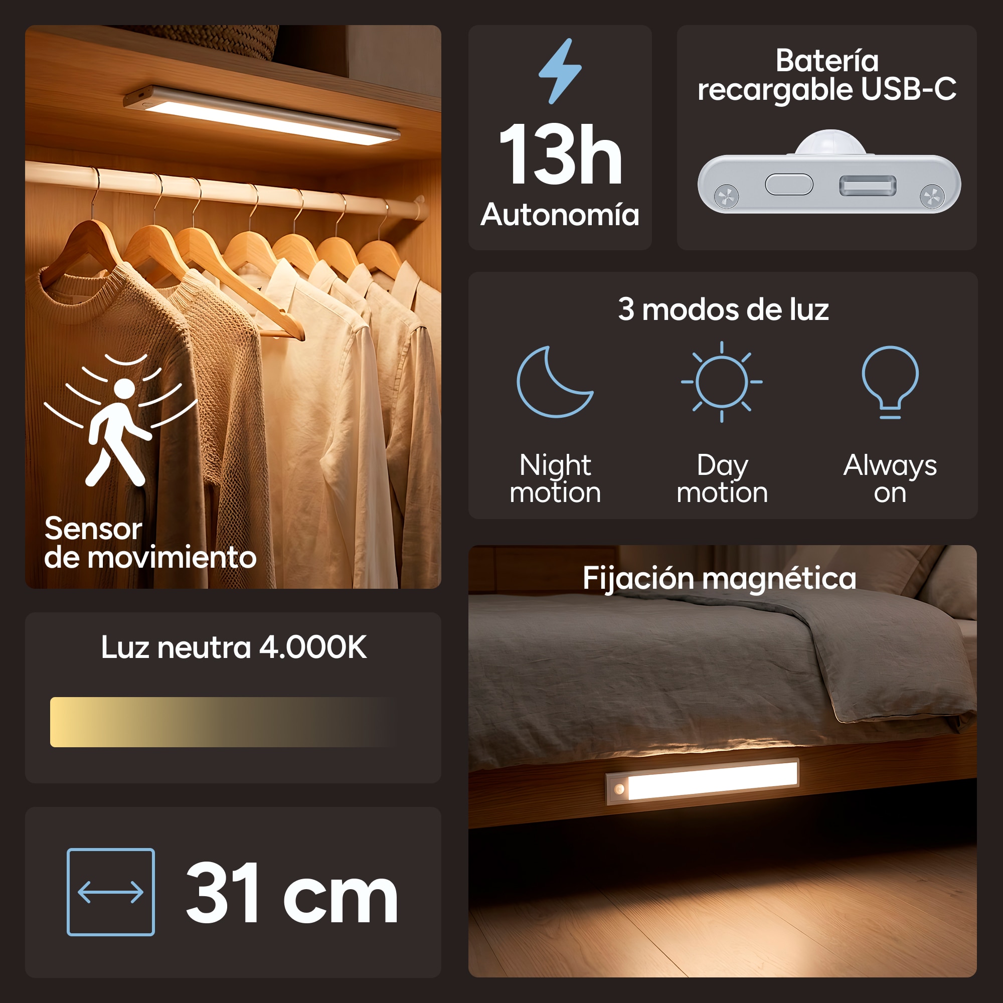 Luz Led con Sensor Recargable 30 cm 4