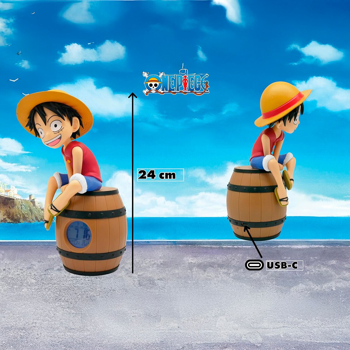 Despertador con luz nocturna con reloj LUFFY en su barril Azul-2