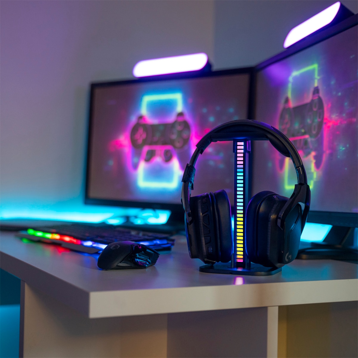 Soporte para auriculares con barra de luz led rgb digital recargable usb music sync display 12 pcs Xanlite Negro-4
