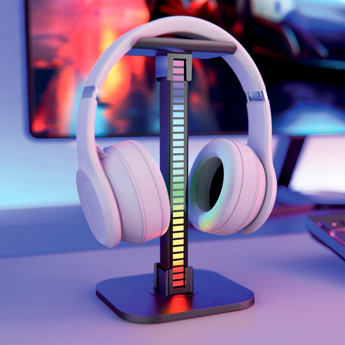 Soporte para auriculares con barra de luz led rgb digital recargable usb music sync display 12 pcs Xanlite Negro-5