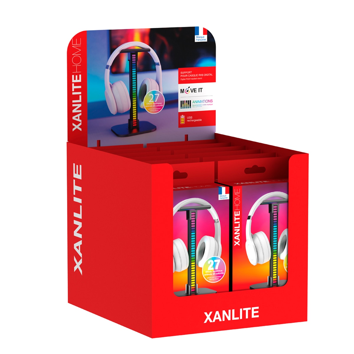 Soporte para auriculares con barra de luz led rgb digital recargable usb music sync display 12 pcs Xanlite Negro-6