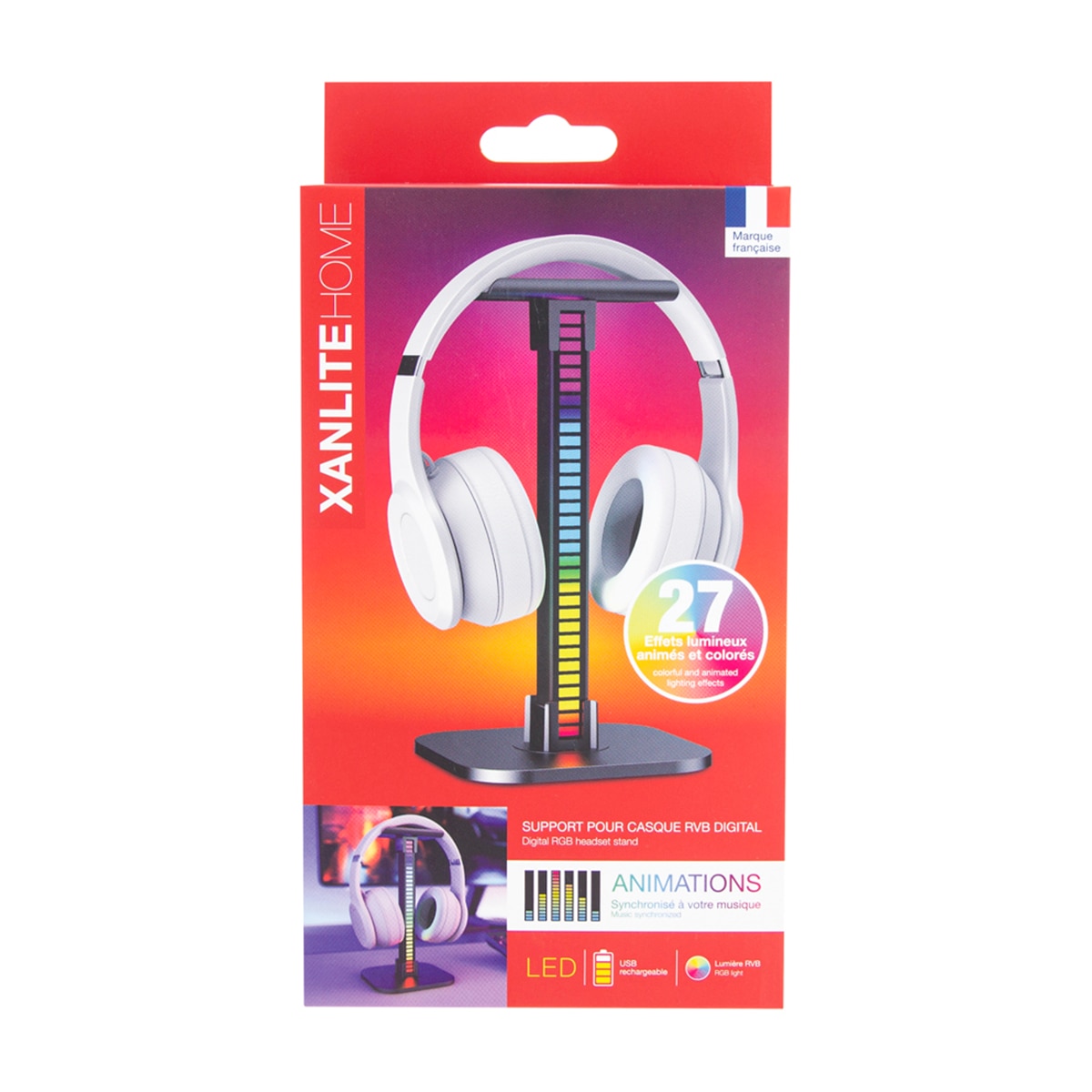 Soporte para auriculares con barra de luz led rgb digital recargable usb music sync display 12 pcs Xanlite Negro-7