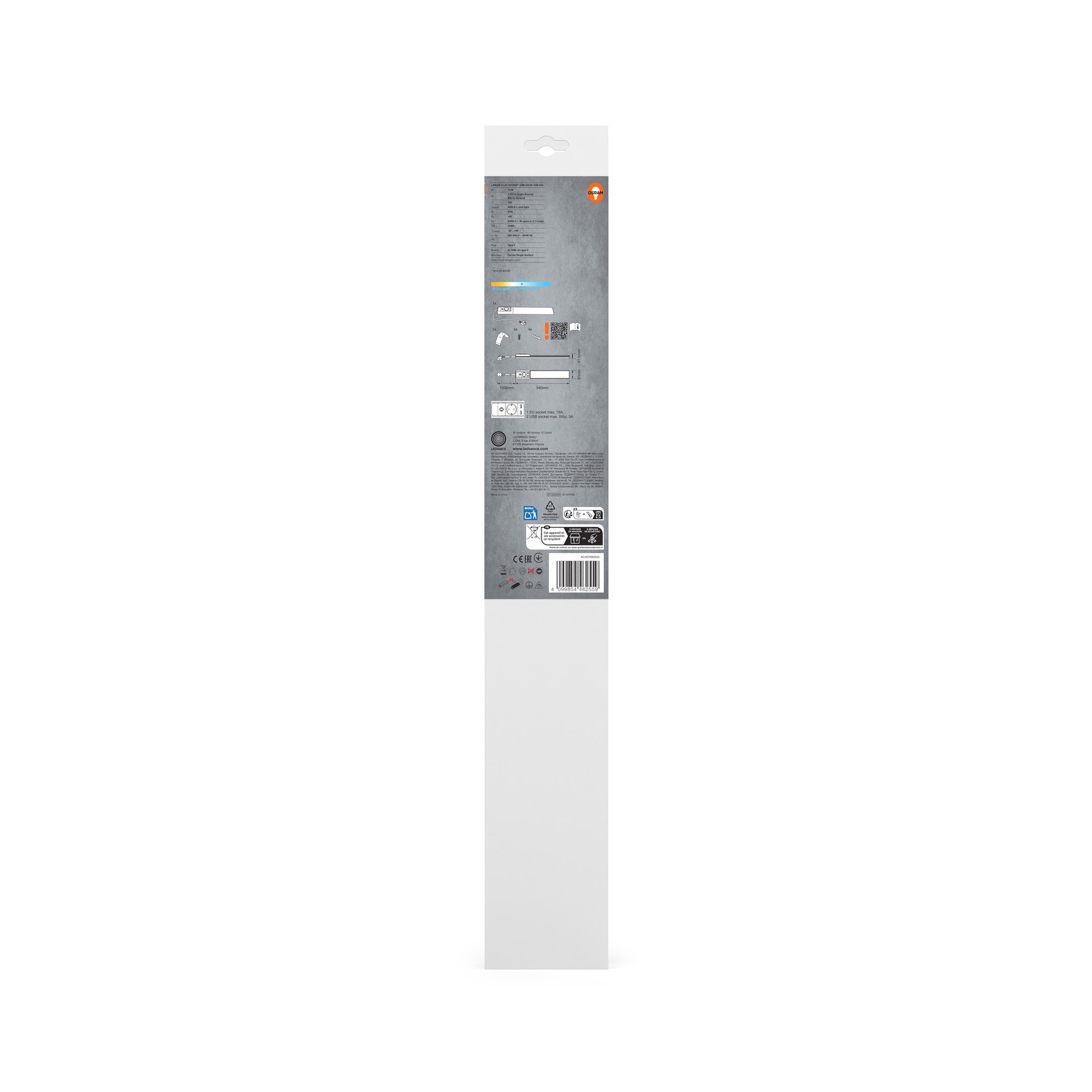 Luminaria LED bajo mueble plana con enchufe y puertos USB 540 mm 10 W 4000 K 3
