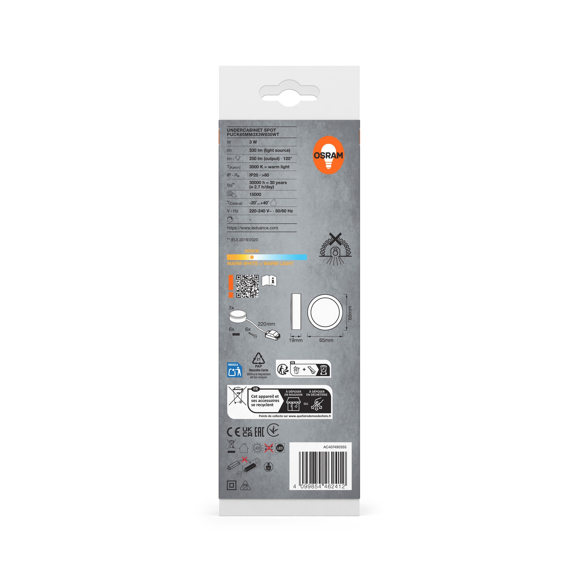 Kit de 3 focos LED redondos bajo mueble Ø65 mm blancos 3 × 3 W 3000 K 3