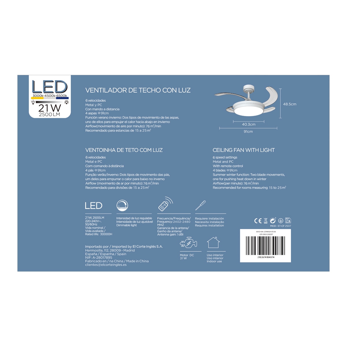 Ventilador techo aspas retractil PURE 14