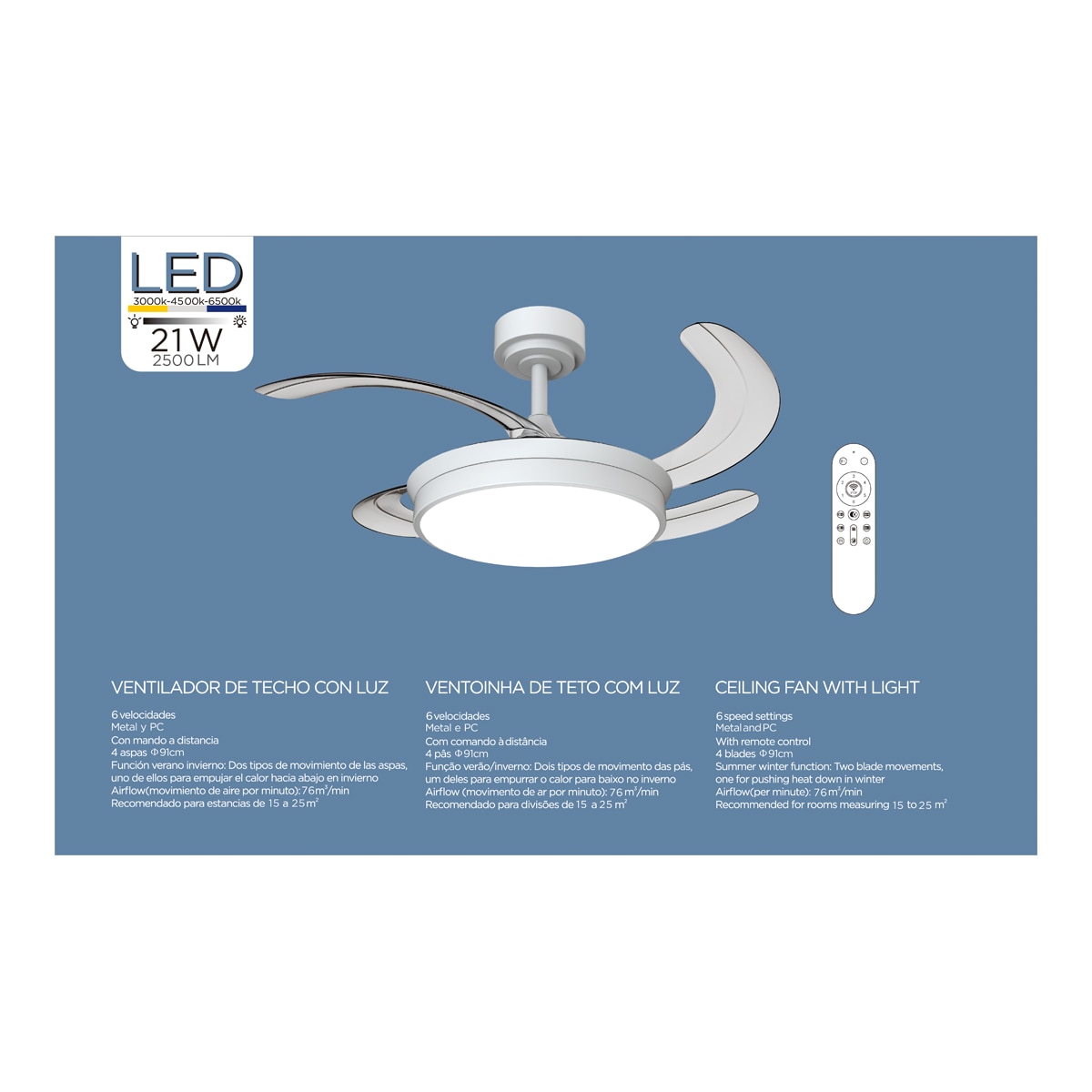 Ventilador techo aspas retractil PURE 15
