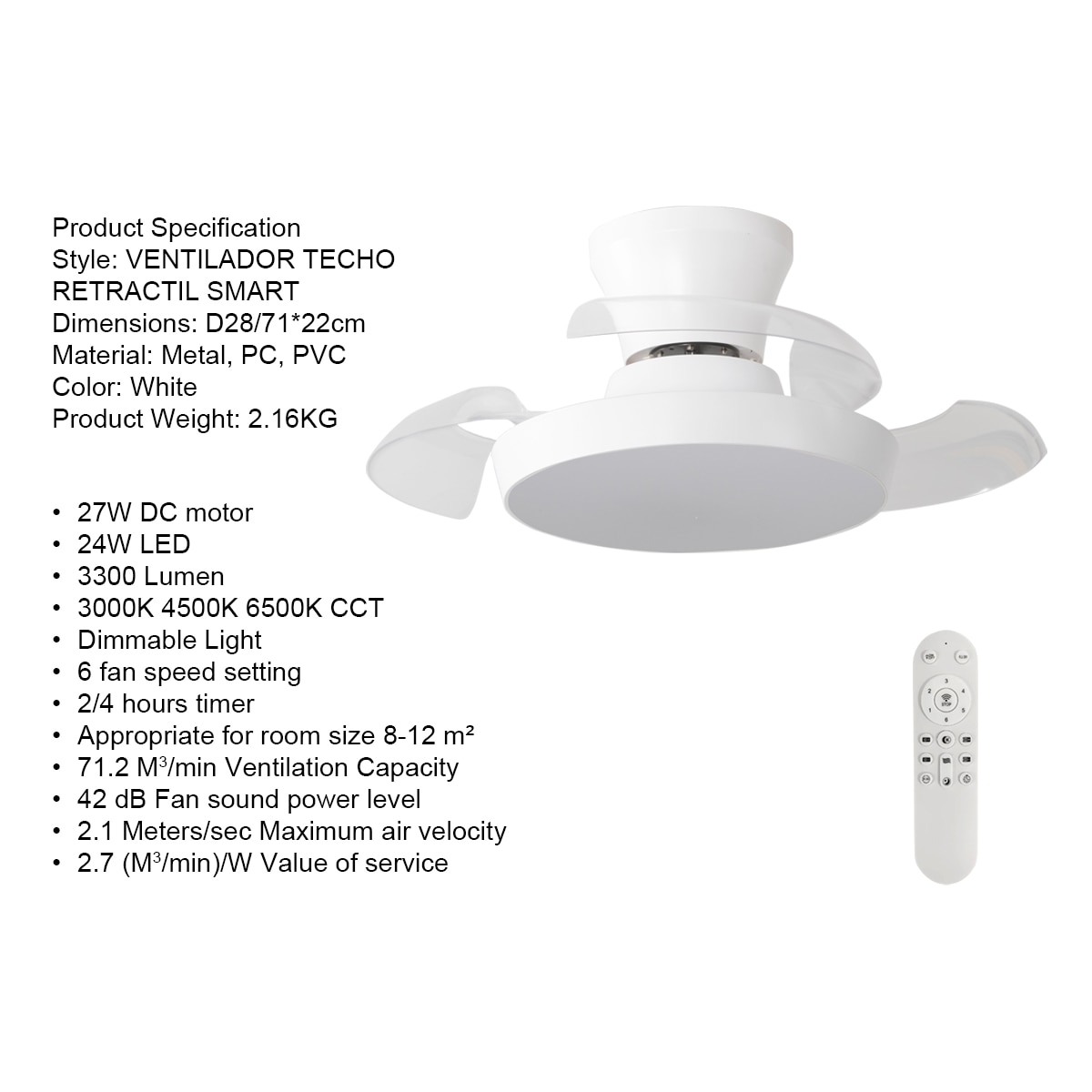 Ventilador de teto com pás retráteis SMART Branco-15