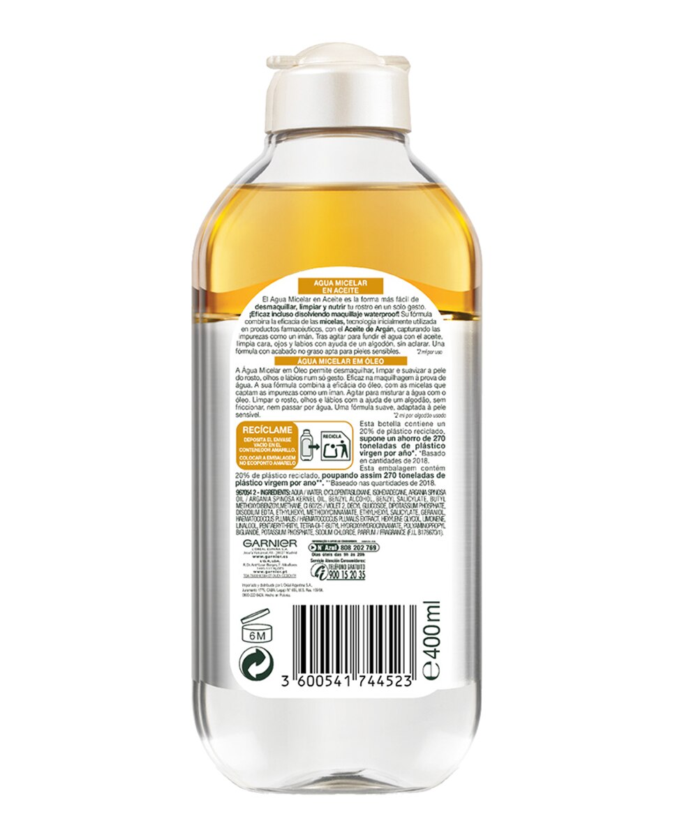 Pack Micelar en Aceite Elimina el Maquillaje Waterproof Garnier Skin Active - 800 ml 2