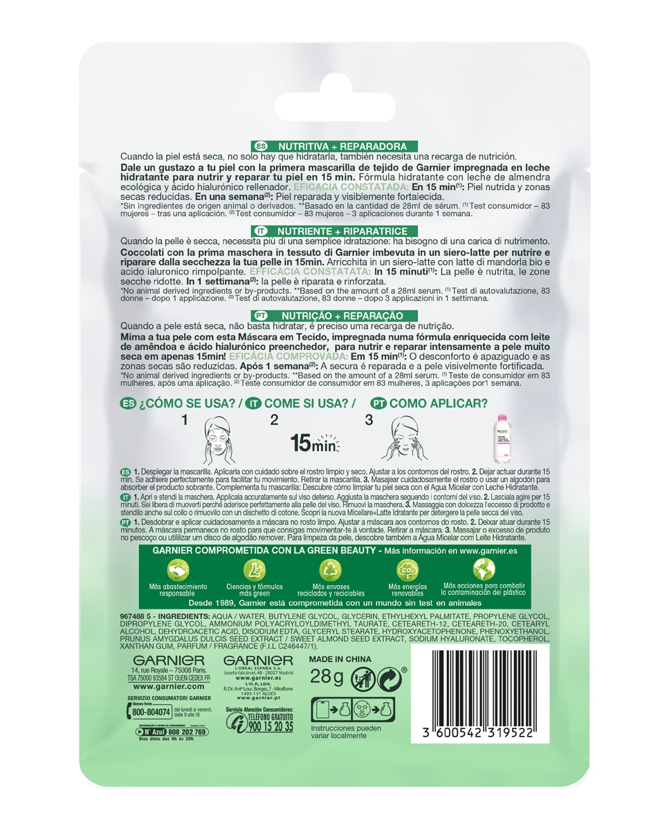 Mascarilla tissu reparadora Nutri Bomb Milky Skin Active Garnier 2