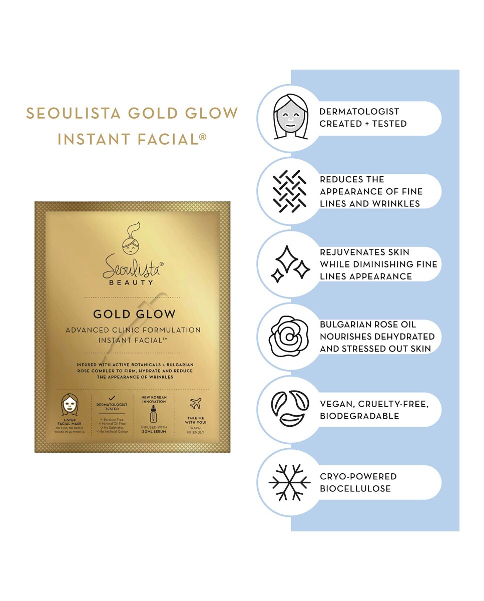 Imagen 2 de Mascarilla rostro Gold Glow Advanced Clinic Formulation Instant Facial 30ml Seoulista Beauty - 30 ml