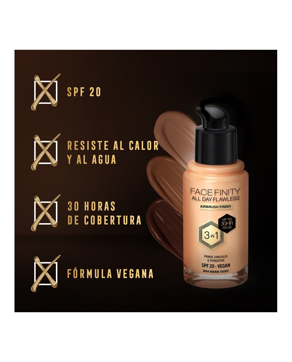 Imagen 4 de Base de maqullaje Facefinity Max Factor - Warm Ivory W44 Warm Ivory W44