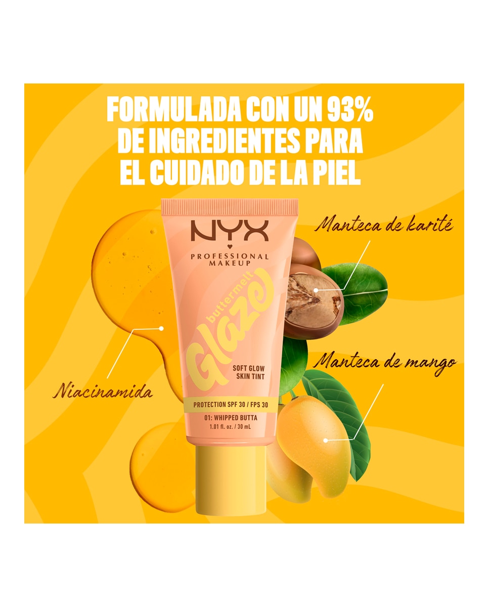 Imagen 7 de Base de Maquillaje Skin Tint Buttermelt Glaze Soft Glow + Protección SPF/FPS 40 30 ml de NYX Professional Makeup - Whipped Butta 30 ml Whipped Butta