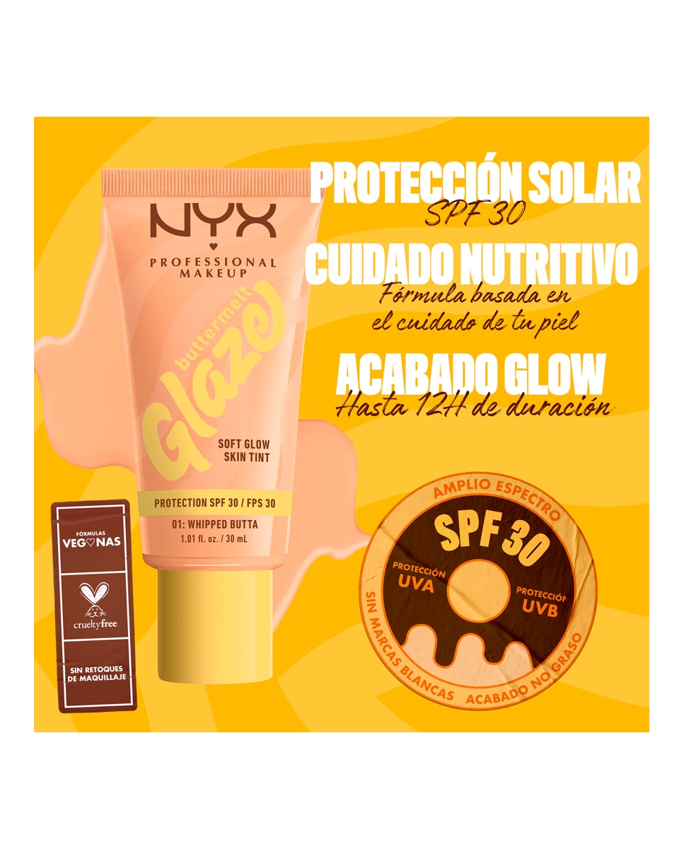 Imagen 9 de Base de Maquillaje Skin Tint Buttermelt Glaze Soft Glow + Protección SPF/FPS 40 30 ml de NYX Professional Makeup - Whipped Butta 30 ml Whipped Butta