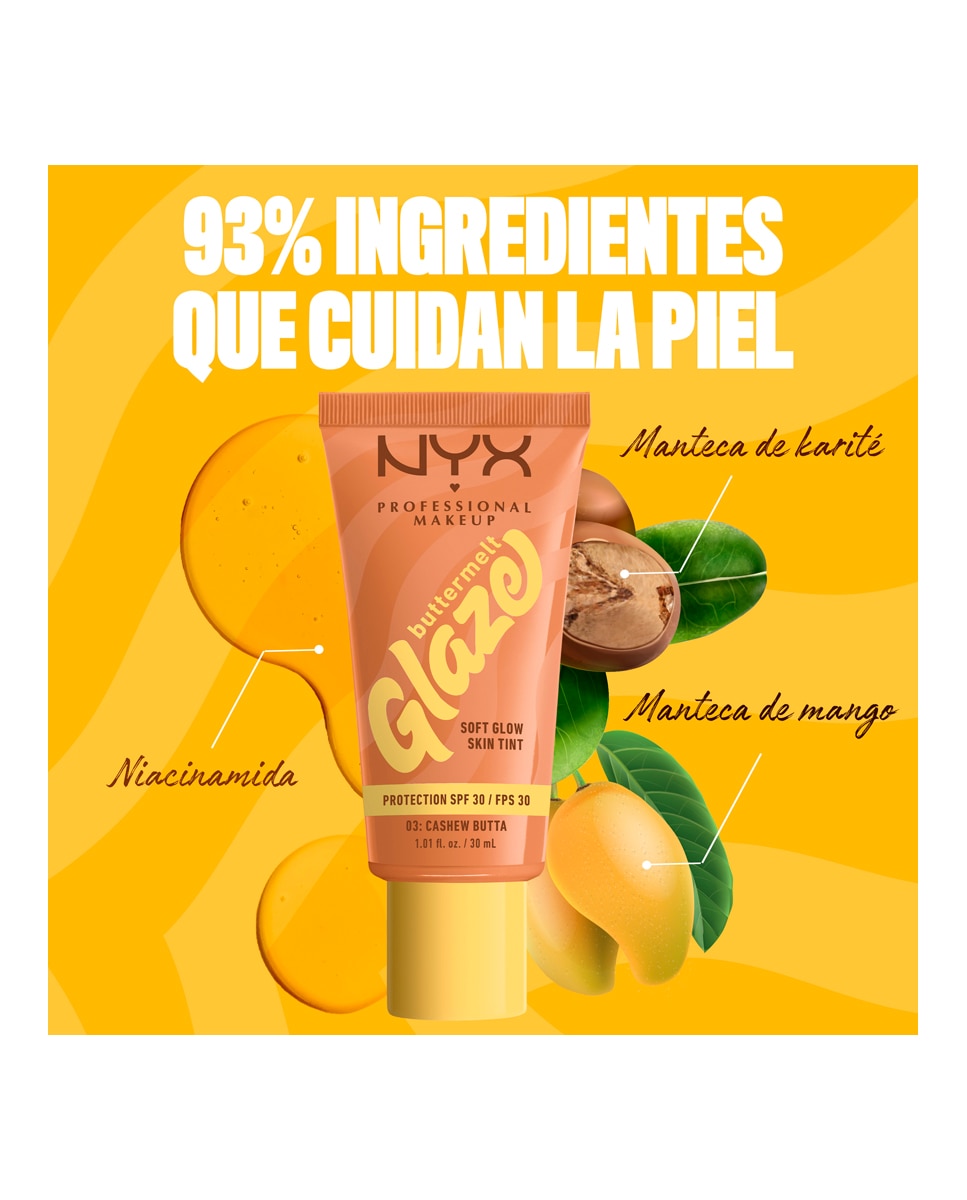 Imagen 7 de Base de Maquillaje Skin Tint Buttermelt Glaze Soft Glow + Protección SPF/FPS 40 30 ml de NYX Professional Makeup - Cashew Butta 30 ml Cashew Butta