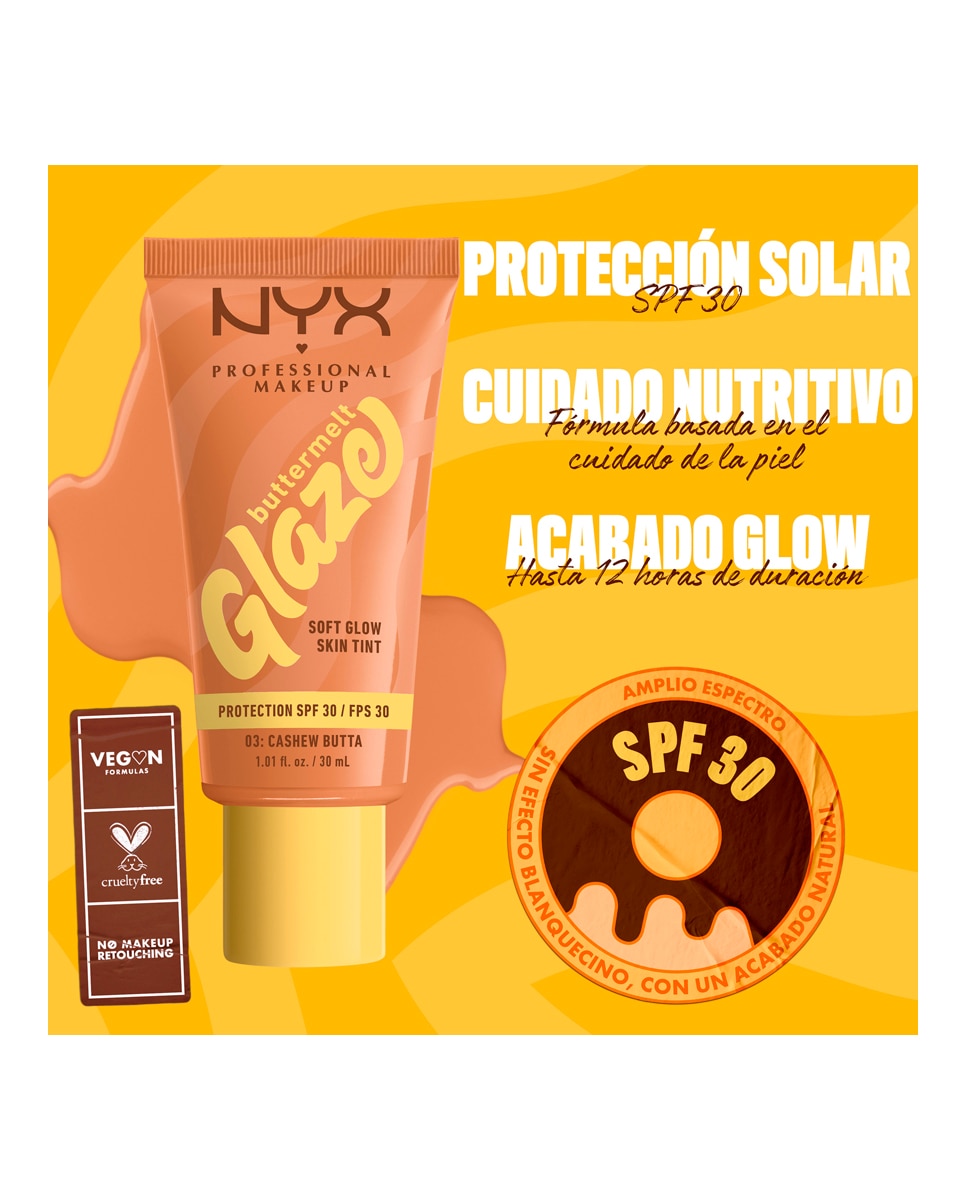 Imagen 9 de Base de Maquillaje Skin Tint Buttermelt Glaze Soft Glow + Protección SPF/FPS 40 30 ml de NYX Professional Makeup - Cashew Butta 30 ml Cashew Butta