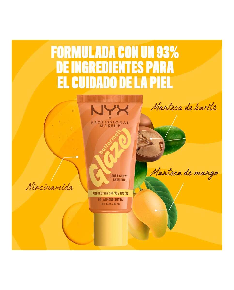 Imagen 5 de Base de Maquillaje Skin Tint Buttermelt Glaze Soft Glow + Protección SPF/FPS 40 30 ml de NYX Professional Makeup - Almond Butta 30 ml Almond Butta