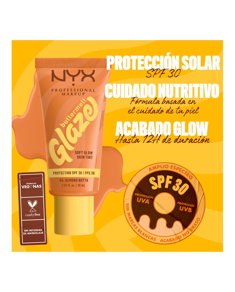 Imagen 7 de Base de Maquillaje Skin Tint Buttermelt Glaze Soft Glow + Protección SPF/FPS 40 30 ml de NYX Professional Makeup - Almond Butta 30 ml Almond Butta