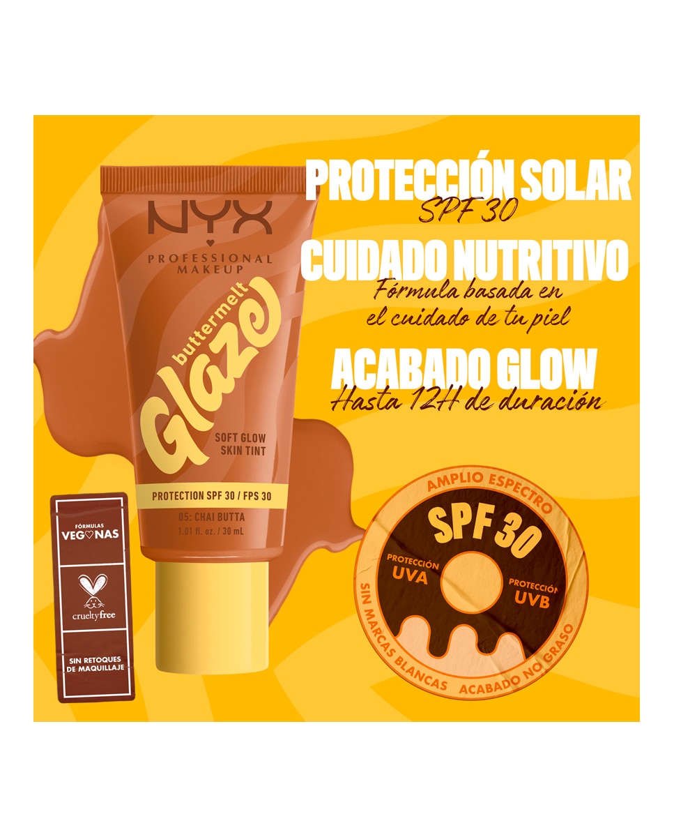 Imagen 9 de Base de Maquillaje Skin Tint Buttermelt Glaze Soft Glow + Protección SPF/FPS 40 30 ml de NYX Professional Makeup - Chai Butta 30 ml Chai Butta