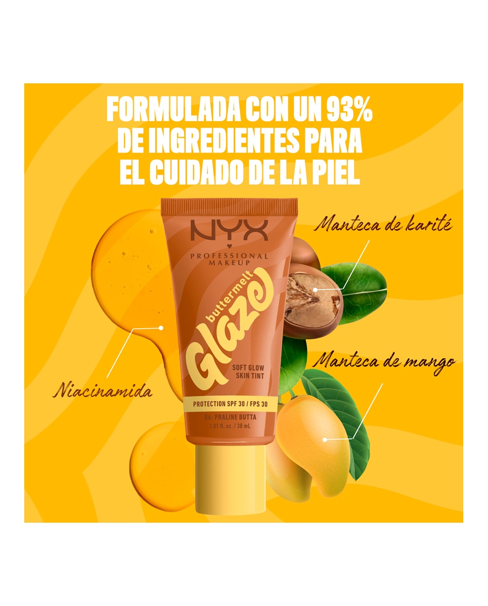 Imagen 7 de Base de Maquillaje Skin Tint Buttermelt Glaze Soft Glow + Protección SPF/FPS 40 30 ml de NYX Professional Makeup - Praline Butta 30 ml Praline Butta