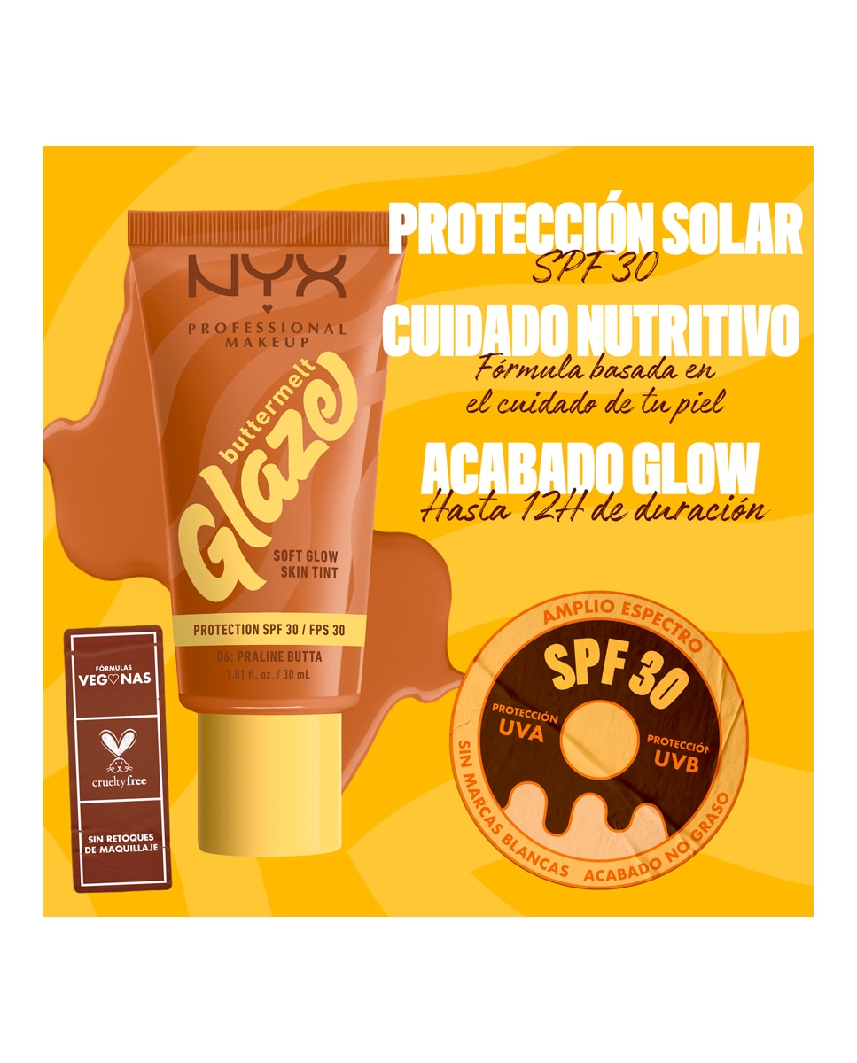 Imagen 9 de Base de Maquillaje Skin Tint Buttermelt Glaze Soft Glow + Protección SPF/FPS 40 30 ml de NYX Professional Makeup - Praline Butta 30 ml Praline Butta