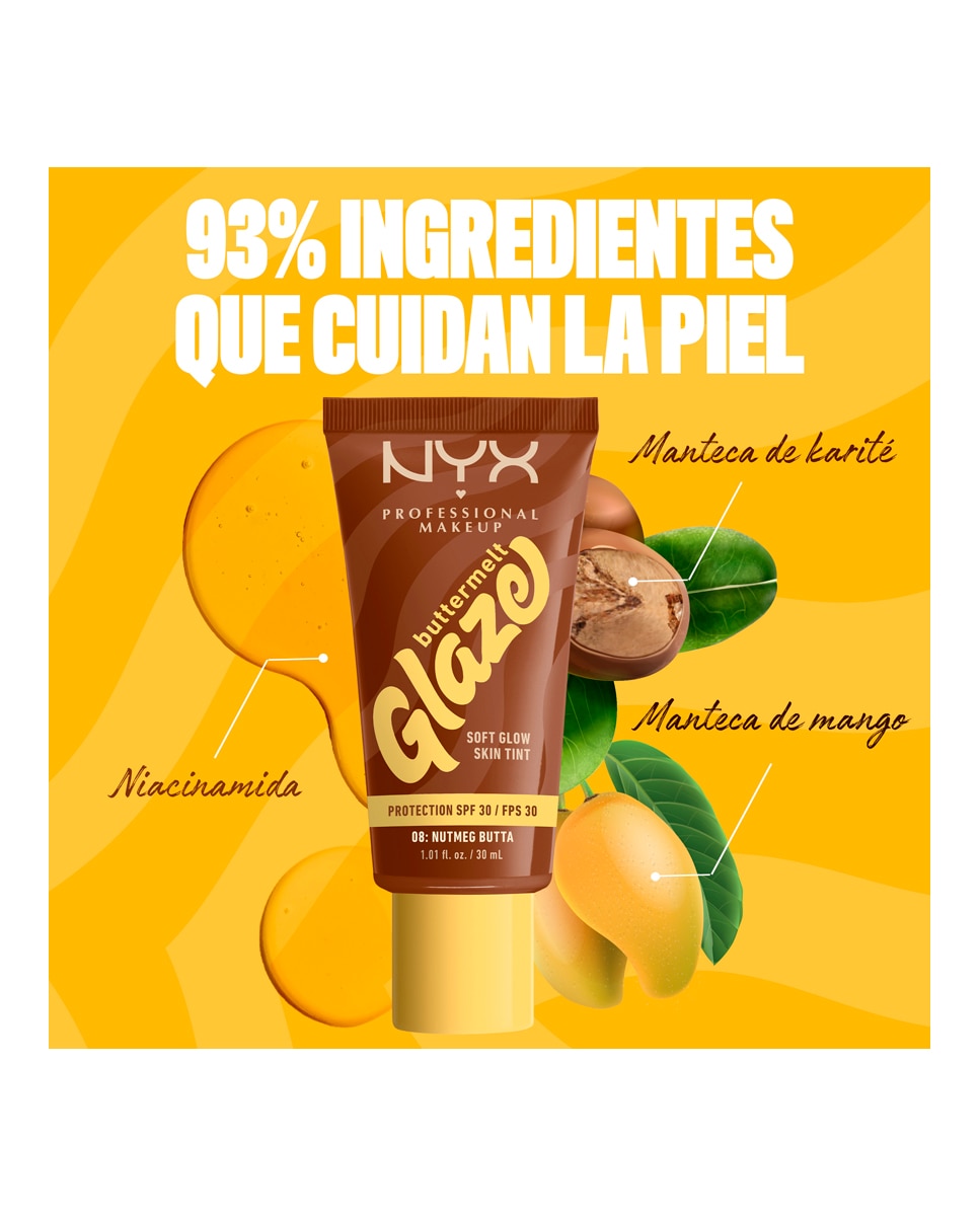 Imagen 7 de Base de Maquillaje Skin Tint Buttermelt Glaze Soft Glow + Protección SPF/FPS 40 30 ml de NYX Professional Makeup - Nutmeg Butta 30 ml Nutmeg Butta
