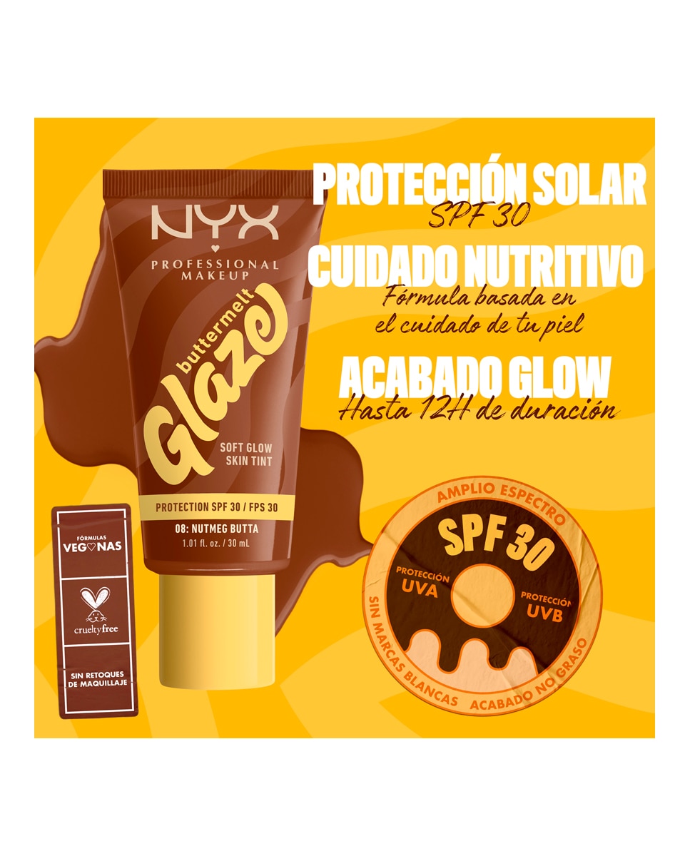 Imagen 9 de Base de Maquillaje Skin Tint Buttermelt Glaze Soft Glow + Protección SPF/FPS 40 30 ml de NYX Professional Makeup - Nutmeg Butta 30 ml Nutmeg Butta