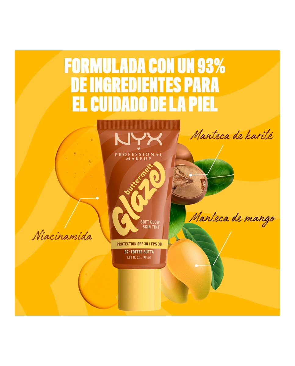 Imagen 6 de Base de Maquillaje Skin Tint Buttermelt Glaze Soft Glow + Protección SPF/FPS 40 30 ml de NYX Professional Makeup - Toffee Butta 30 ml Toffee Butta
