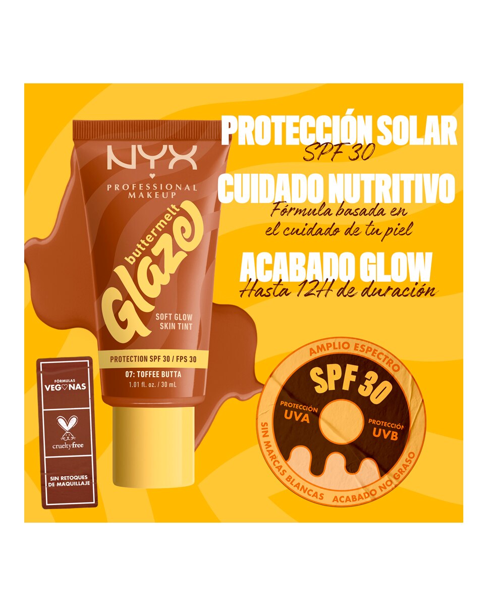 Imagen 8 de Base de Maquillaje Skin Tint Buttermelt Glaze Soft Glow + Protección SPF/FPS 40 30 ml de NYX Professional Makeup - Toffee Butta 30 ml Toffee Butta