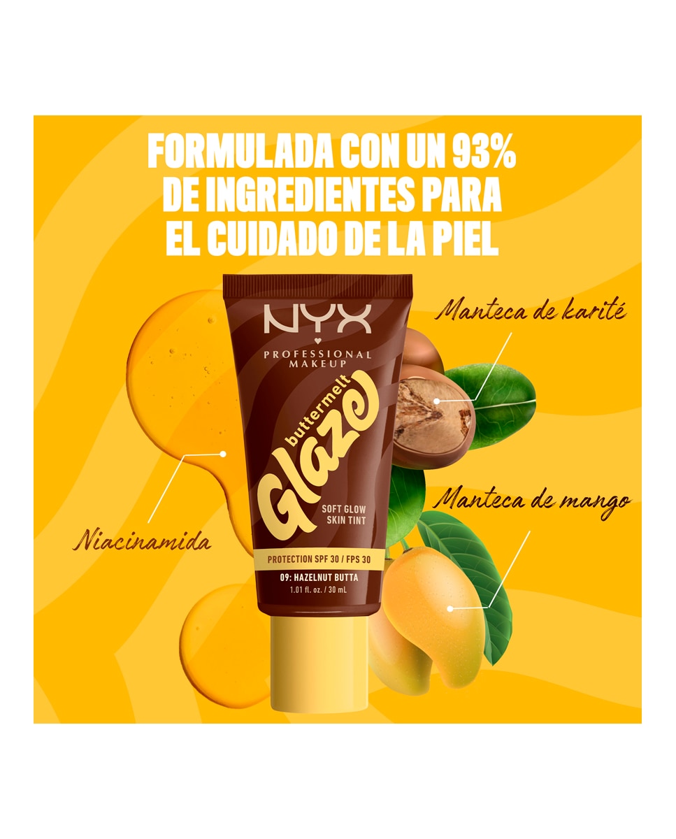 Imagen 7 de Base de Maquillaje Skin Tint Buttermelt Glaze Soft Glow + Protección SPF/FPS 40 30 ml de NYX Professional Makeup - Hazelnut Butta 30 ml Hazelnut Butta
