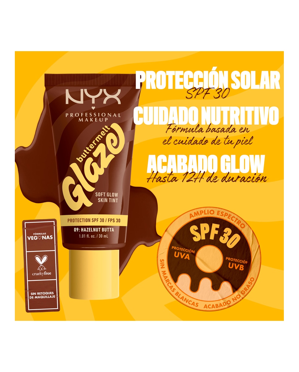 Imagen 9 de Base de Maquillaje Skin Tint Buttermelt Glaze Soft Glow + Protección SPF/FPS 40 30 ml de NYX Professional Makeup - Hazelnut Butta 30 ml Hazelnut Butta
