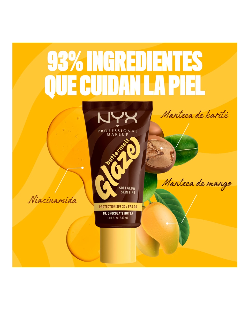 Imagen 7 de Base de Maquillaje Skin Tint Buttermelt Glaze Soft Glow + Protección SPF/FPS 40 30 ml de NYX Professional Makeup - Chocolate Butta 30 ml Chocolate Butta