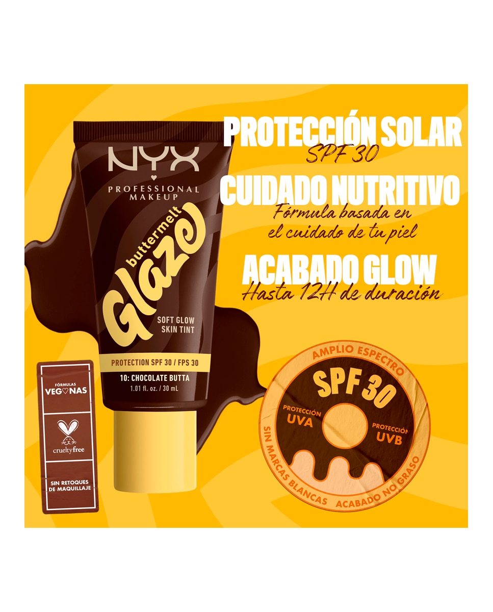 Imagen 9 de Base de Maquillaje Skin Tint Buttermelt Glaze Soft Glow + Protección SPF/FPS 40 30 ml de NYX Professional Makeup - Chocolate Butta 30 ml Chocolate Butta