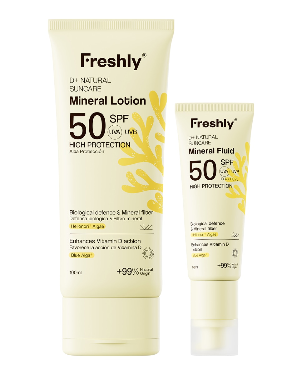 Freshly Cosmetics - Estuche Regalo Fotoprotector natural facial y corporal SPF 50 Full Protection D+ Natural Suncare Pack Freshly Cosmetics.