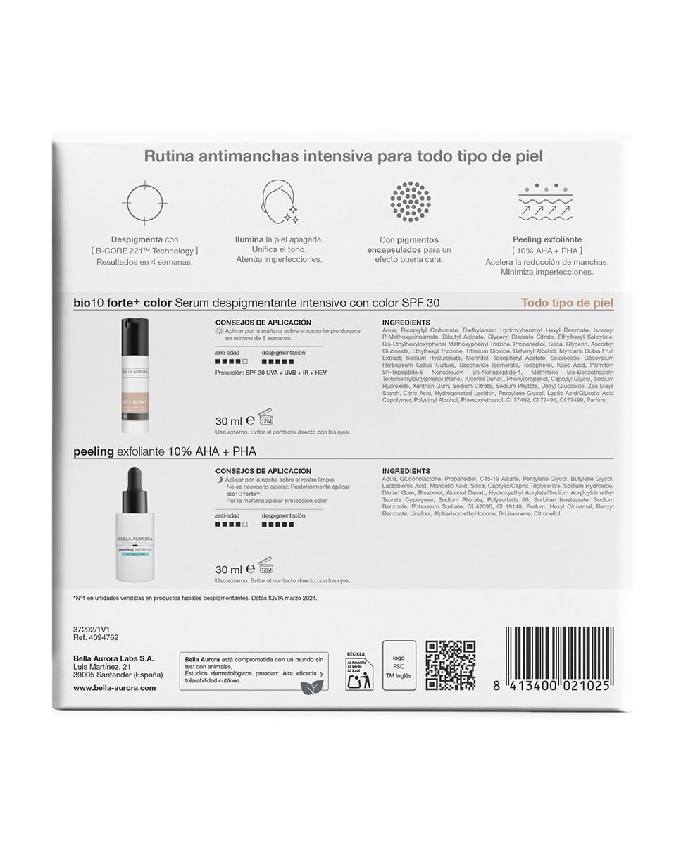 Estuche Regalo Peeling Despigmentante Bio10 Forte+ Fluido Color Bella Aurora 5