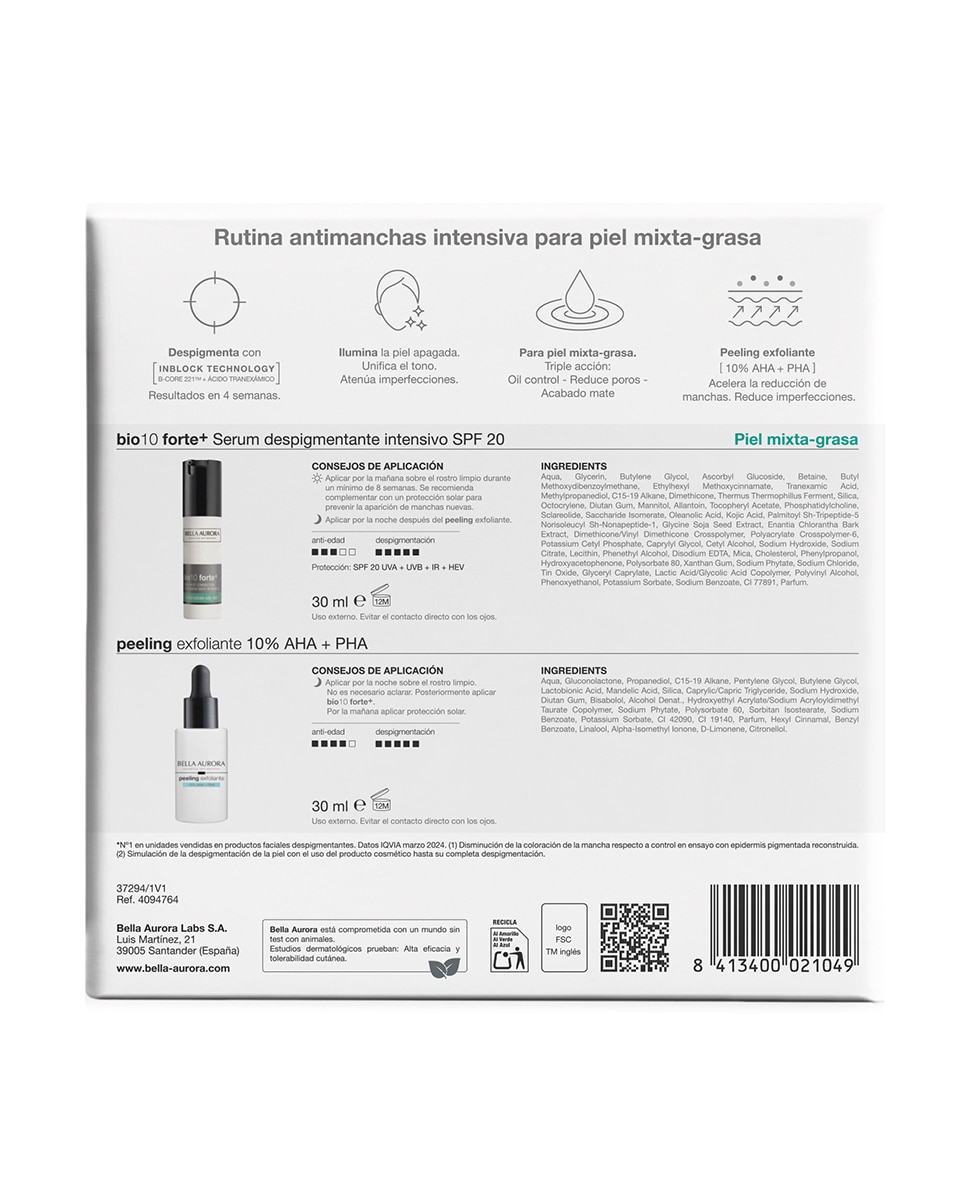 Imagen 5 de Estuche Regalo Sérum Despigmentante Bio 10 Forte+ Piel Mixta-Grasa Bella Aurora