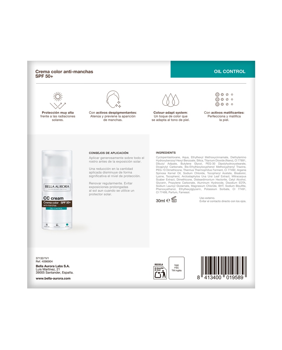Imagen 2 de Pack Cc Cream Antimanchas Spf50+ Oil Control Bella Aurora - 30 ml