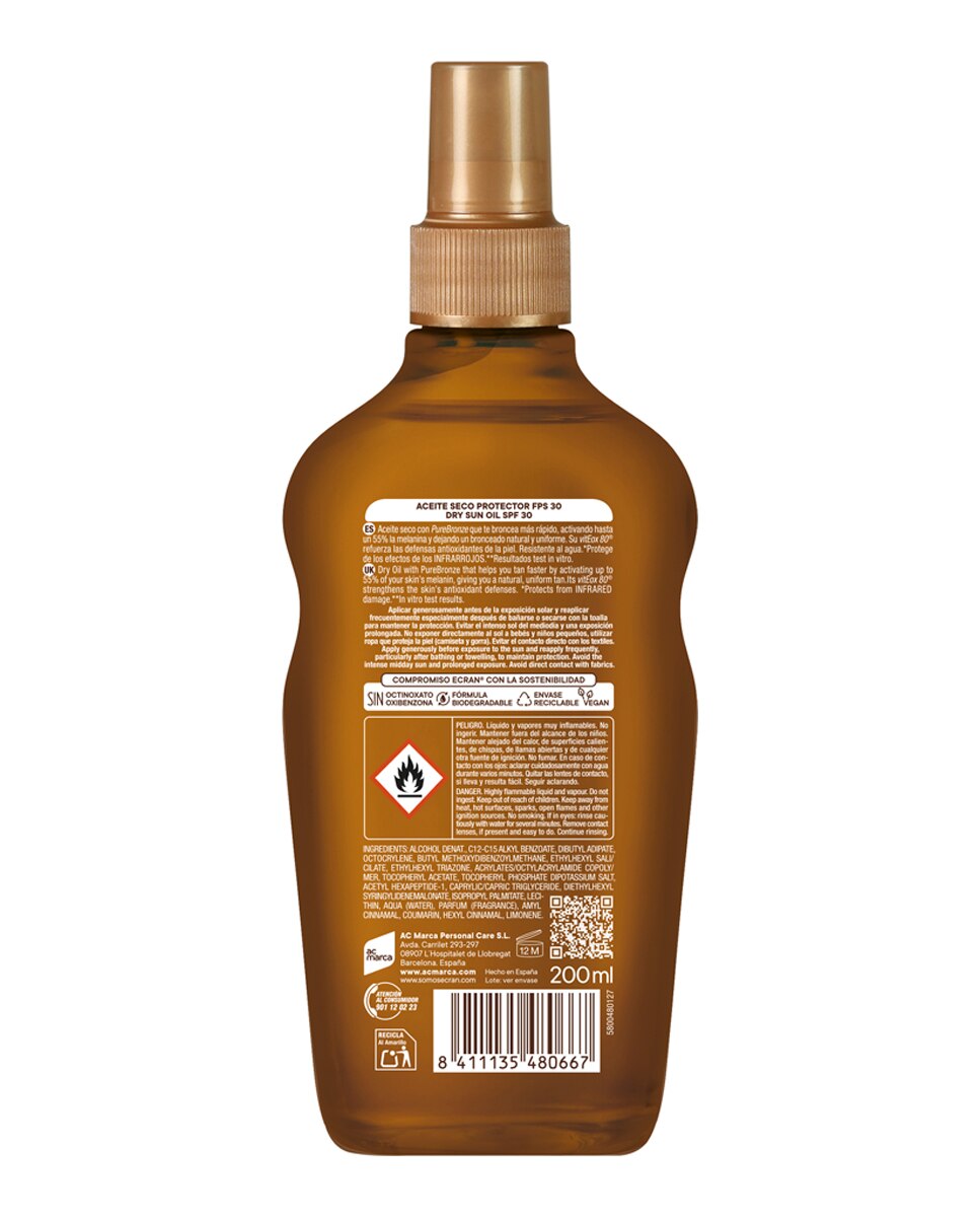 Aceite Protector Fps 30 Sunnique Broncea+ Ecran - 200 ml 2