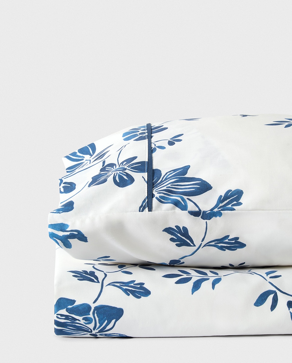 Conjunto de Capa de Edredão de Algodão Percal Flor de Laranjeira Azul-2