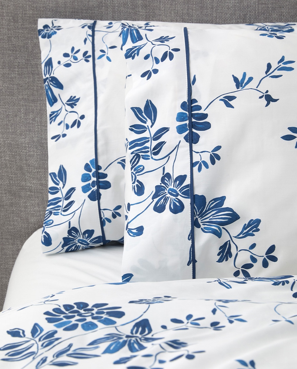 Conjunto de Capa de Edredão de Algodão Percal Flor de Laranjeira Azul-3