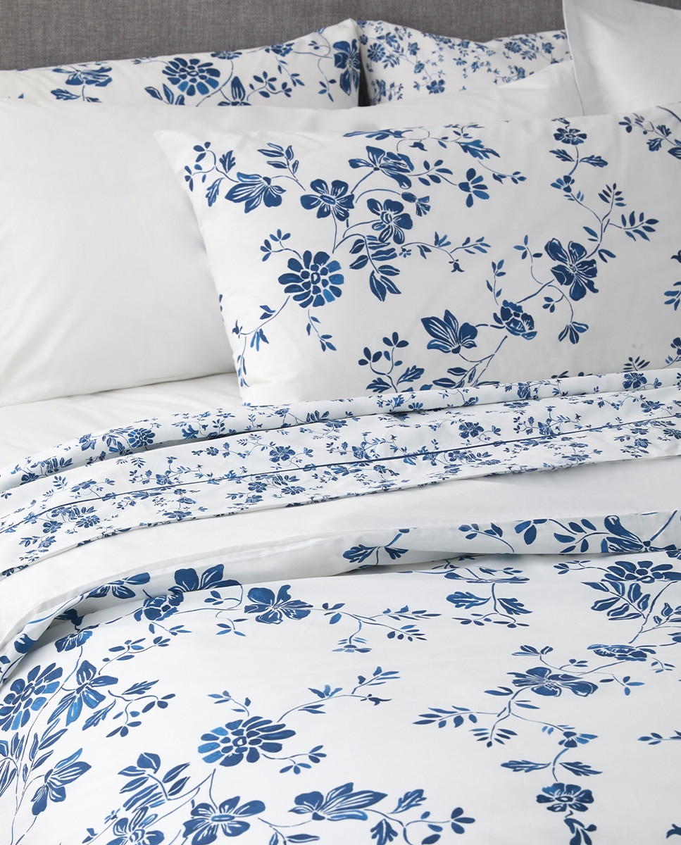 Conjunto de Capa de Edredão de Algodão Percal Flor de Laranjeira Azul-4