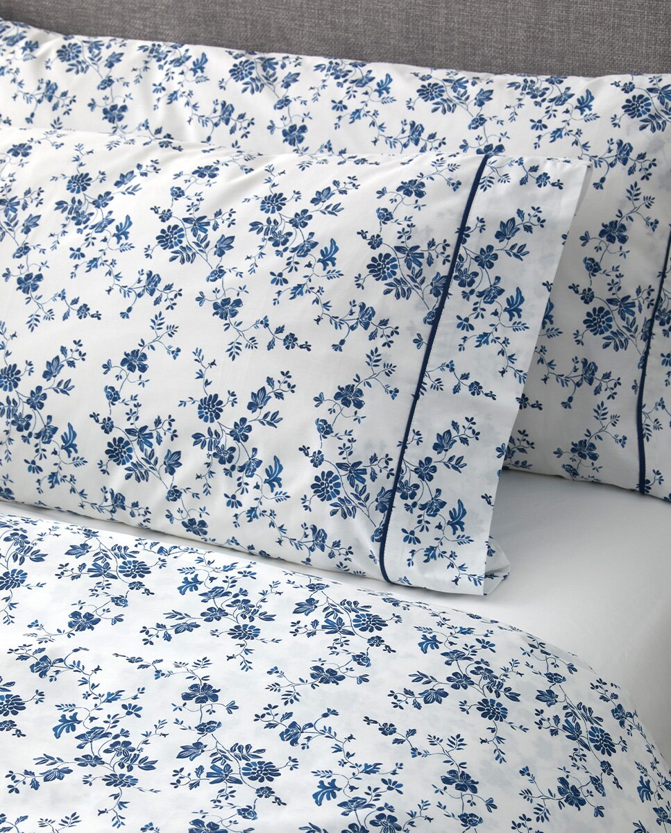 Conjunto de Lençóis de Algodão Percal Flor de Laranjeira Azul-3