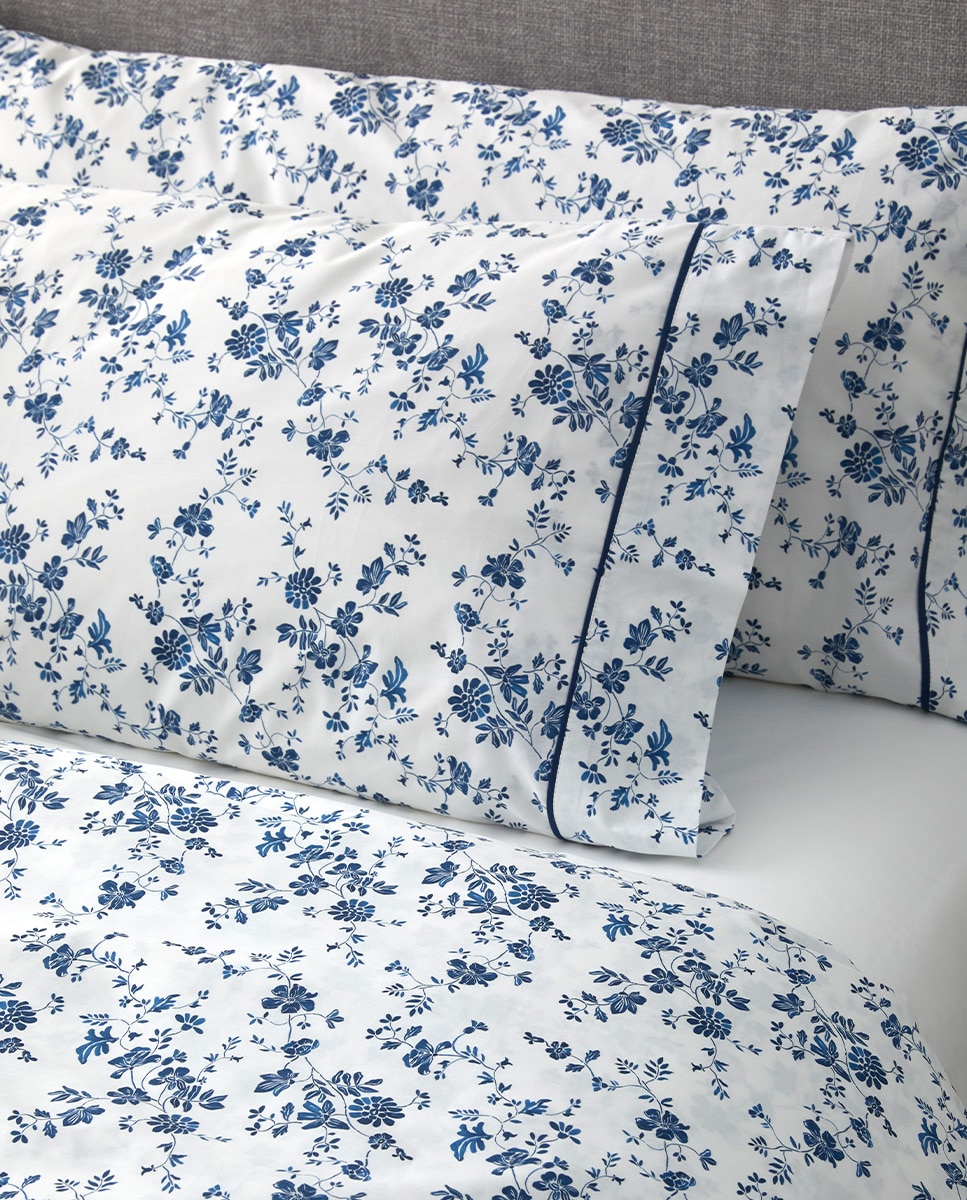Conjunto de Lençóis de Algodão Percal Flor de Laranjeira Azul-3