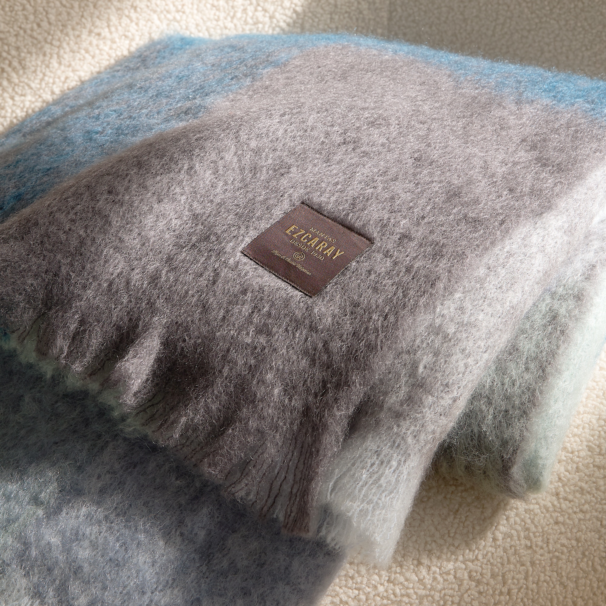 Manta decorativa mohair Cuadro Mantas Ezcaray - Azul grisáceo 130 x 175 cm Azul grisáceo-1