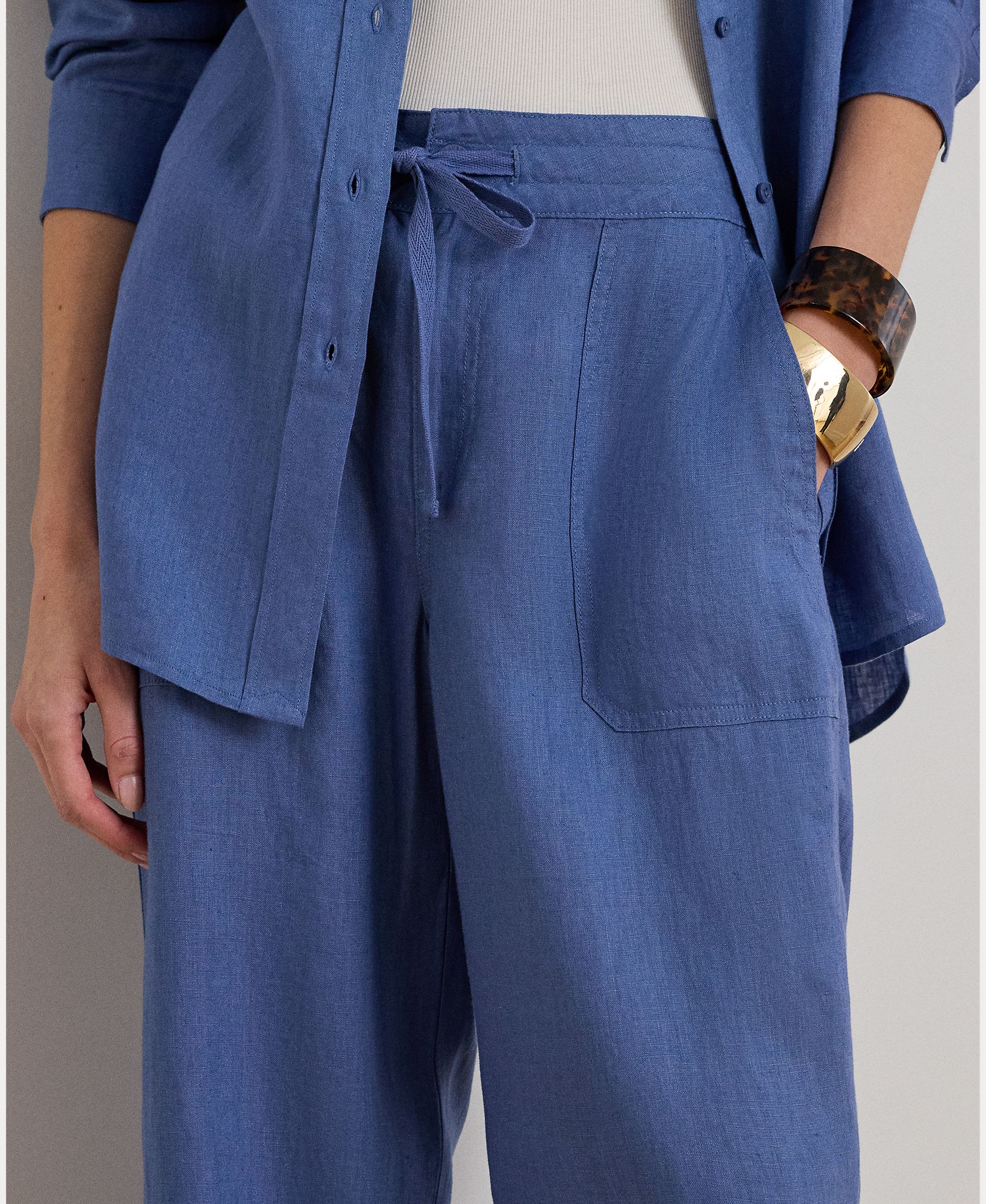 Calças de Perna Larga e em Linho Azul-índigo-4