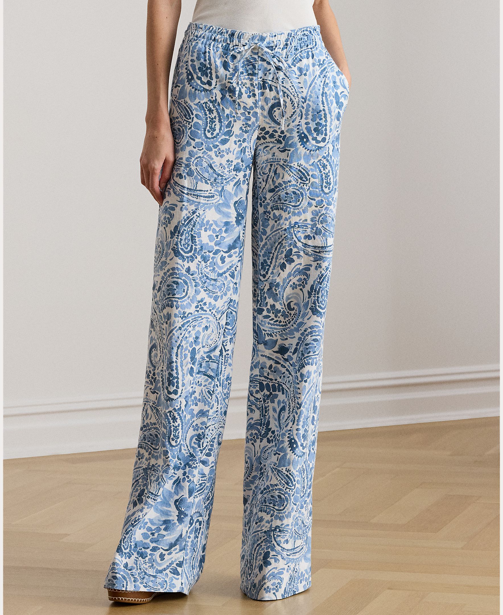 Calças Largas de Linho com Estampado Azul / Branco-1