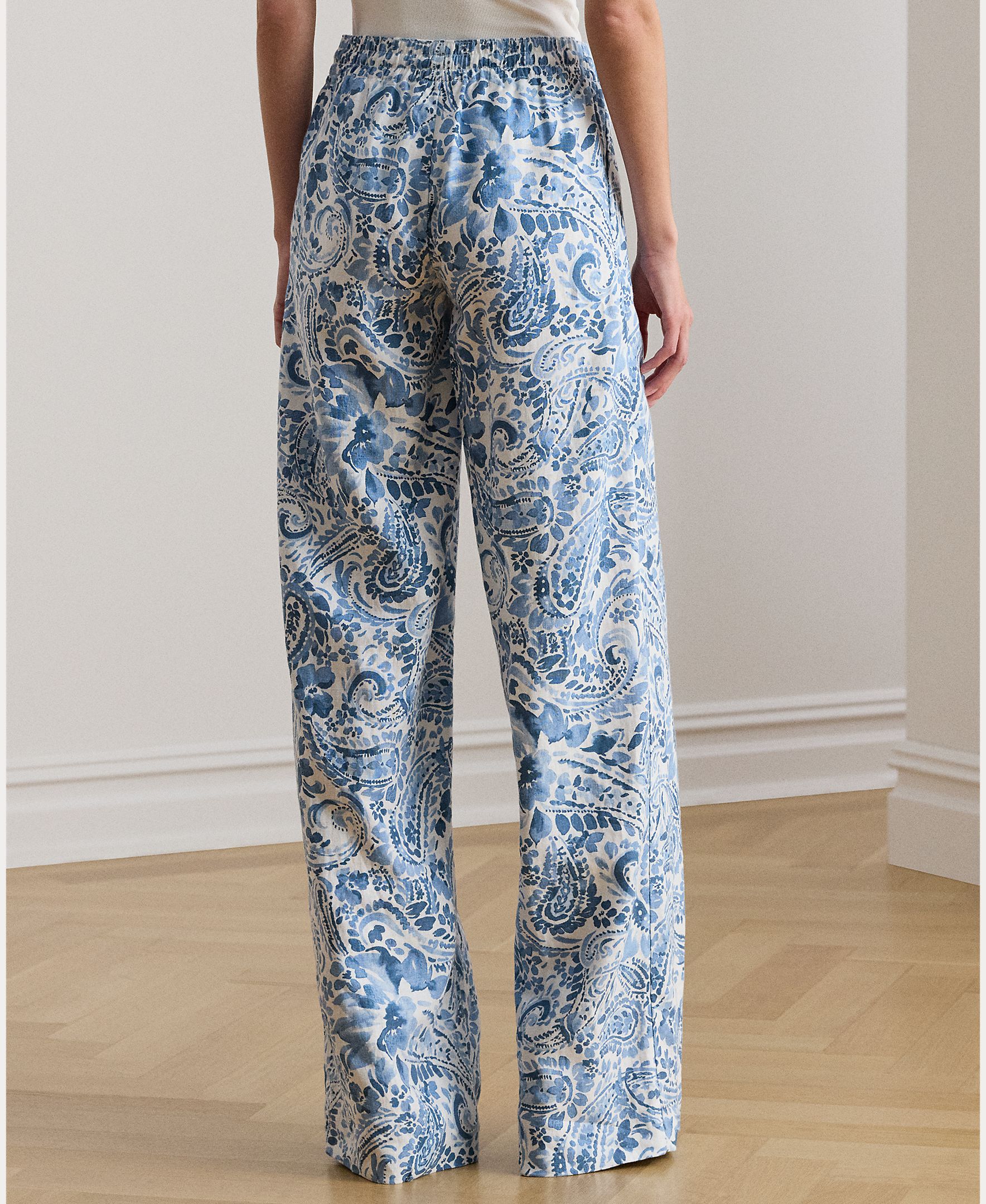 Calças Largas de Linho com Estampado Azul / Branco-2