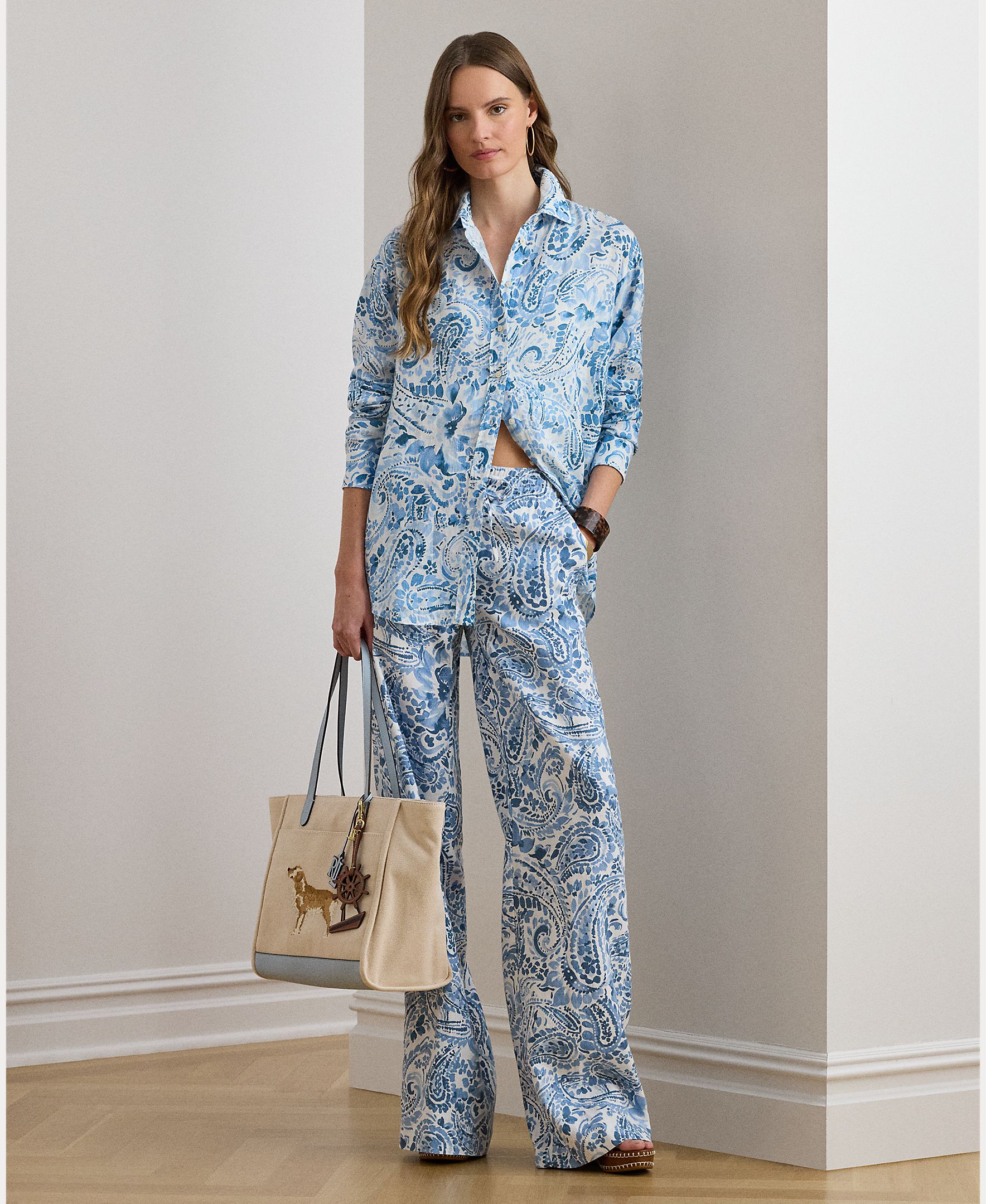 Calças Largas de Linho com Estampado Azul / Branco-3