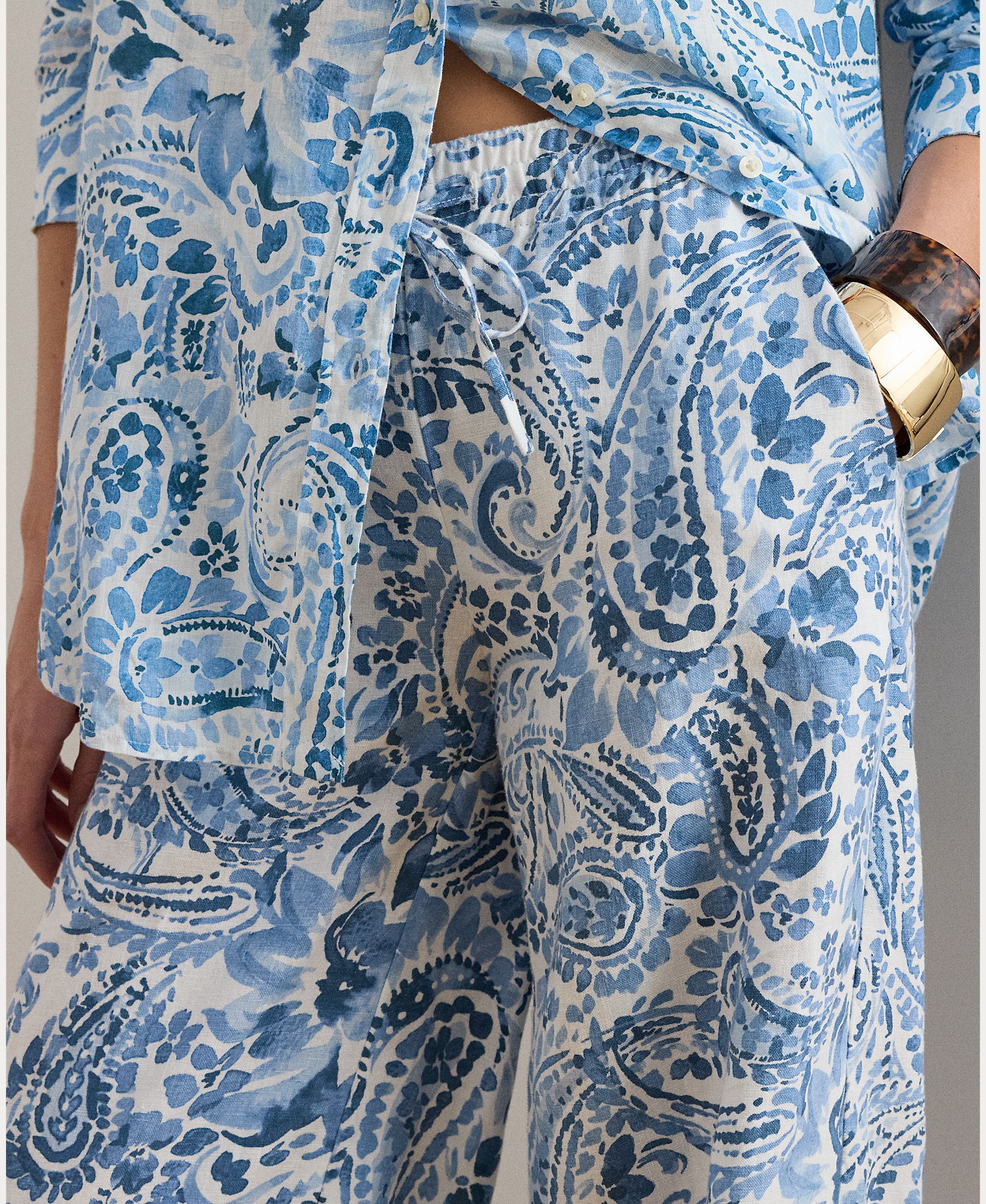 Calças Largas de Linho com Estampado Azul / Branco-4