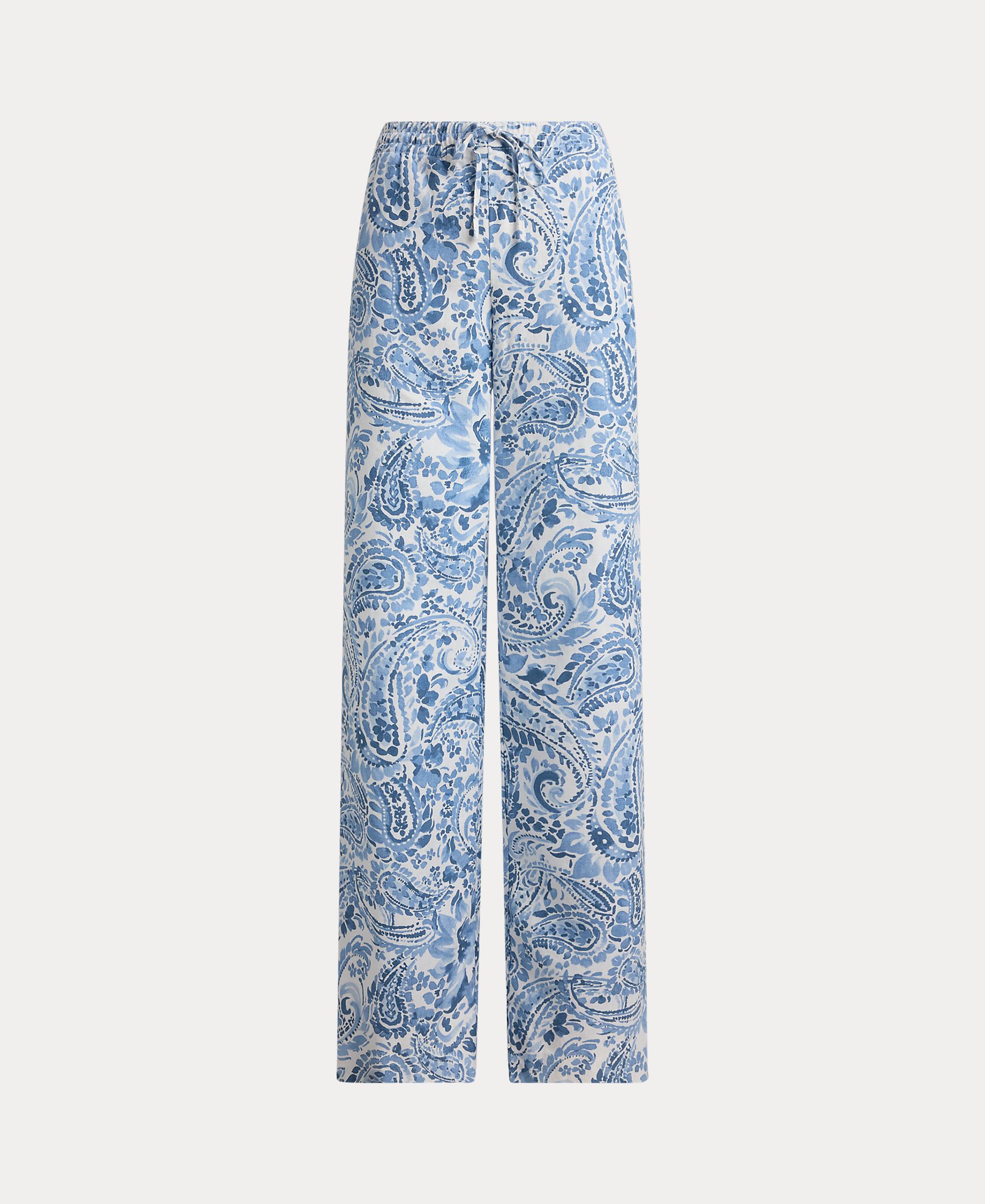 Calças Largas de Linho com Estampado Azul / Branco-5